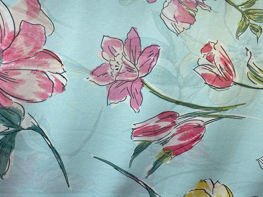 Polyester imprimé voilage fleurs bleu jaune rose vert