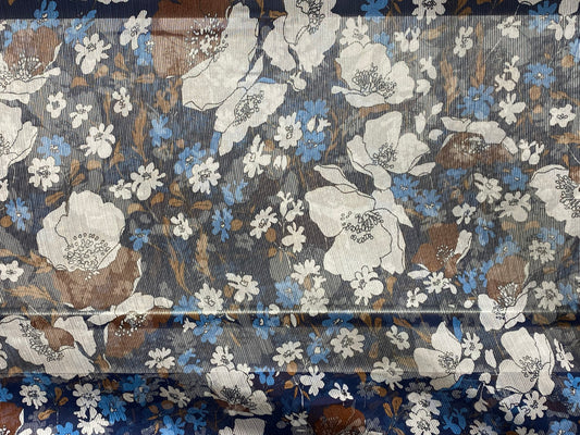 Polyester imprimé voilage crêpe fleurs bleu blanc brun
