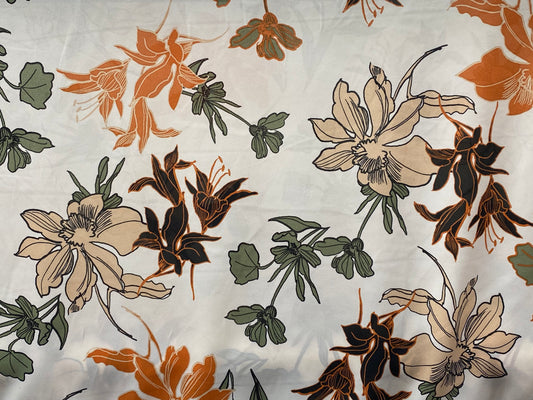 Polyester imprimé fleurs blanc cassé orange vert noir