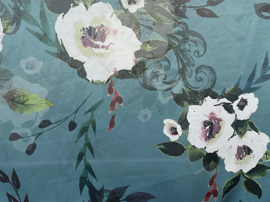 Polyester voilage imprimé fleurs bleu blanc vert