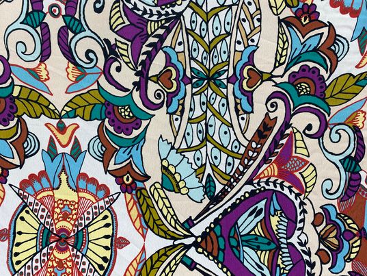 Polyester imprimé fleurs beige violet vert rose blanc