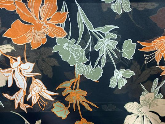 Polyester voilage imprimé fleurs blanc orange noir vert