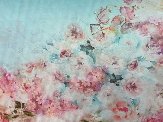 Polyester voilage imprimé fleurs bleu rose blanc