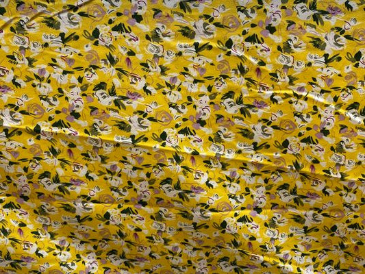 Polyester imprimé fleurs noir rose blanc jaune