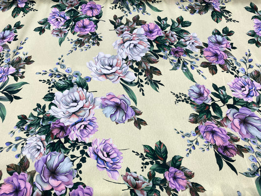 Polyester satin imprimé fleurs vert violet blanc