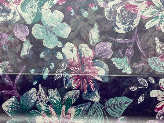 Soie voilage crêpe imprimé fleurs violet bleu blanc vert