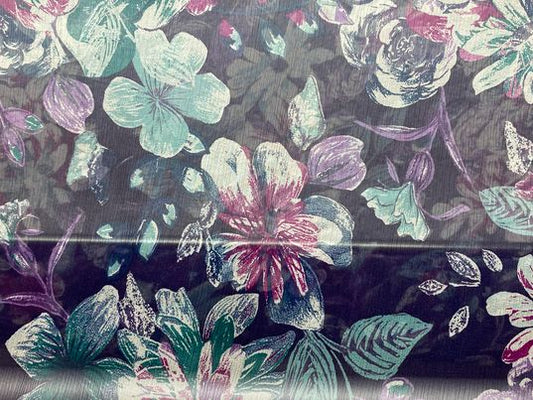 Soie voilage crêpe imprimé fleurs violet bleu blanc vert