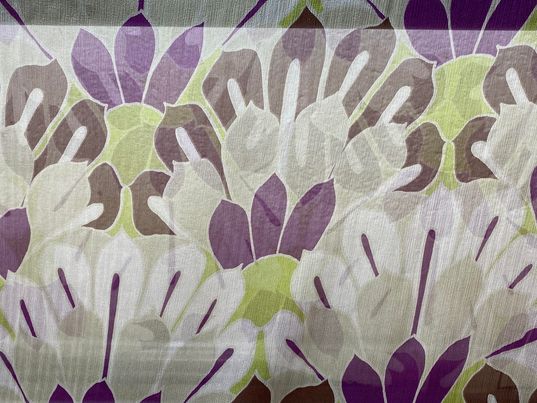 Soie voilage imprimé fleurs brun violet beige vert