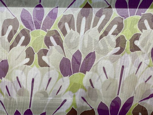 Soie voilage imprimé fleurs brun violet beige vert