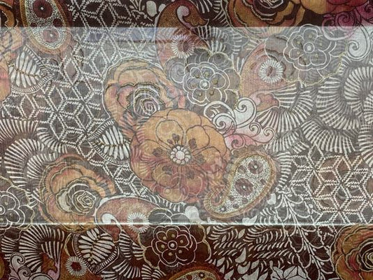 Soie voilage imprimé cachemire fleurs paillettes doré brun rose blanc