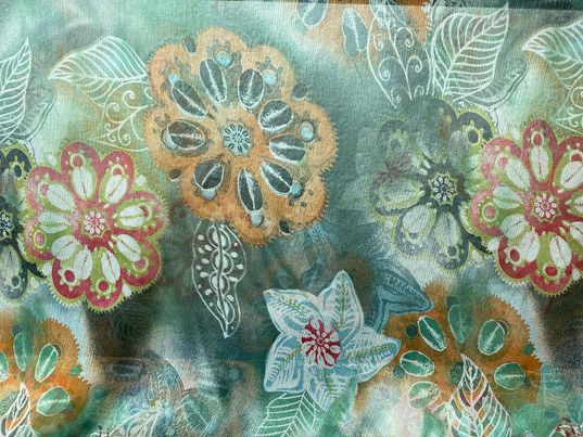 Soie voilage crêpe imprimé fleurs vert orange rouge