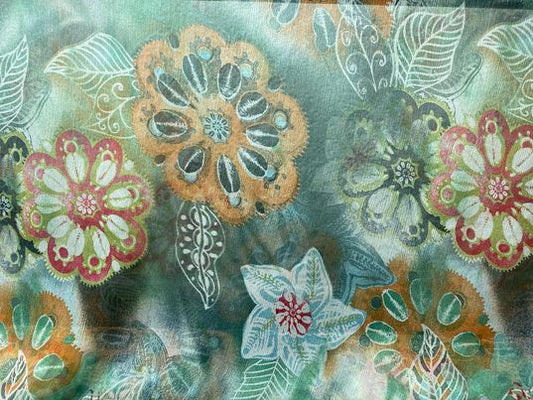 Soie voilage crêpe imprimé fleurs vert orange rouge
