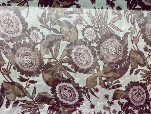 Soie voilage imprimé fleurs rouge blanc brun