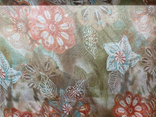 Soie voilage imprimé fleurs orange bleu brun