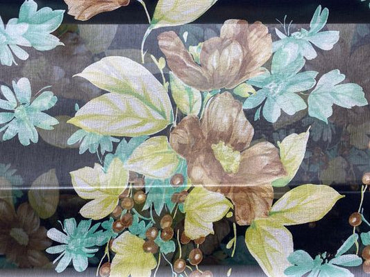 Soie voilage crêpe imprimé fleurs noir vert  brun