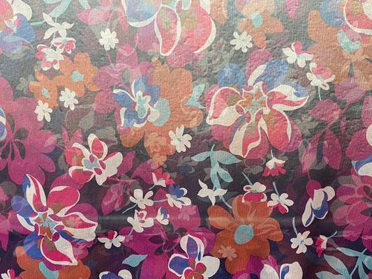 Soie voilage crêpe imprimé fleurs violet bleu rose orange