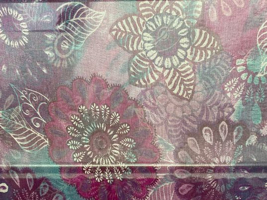 Soie voilage crêpe imprimé fleurs violet  rose vert blanc