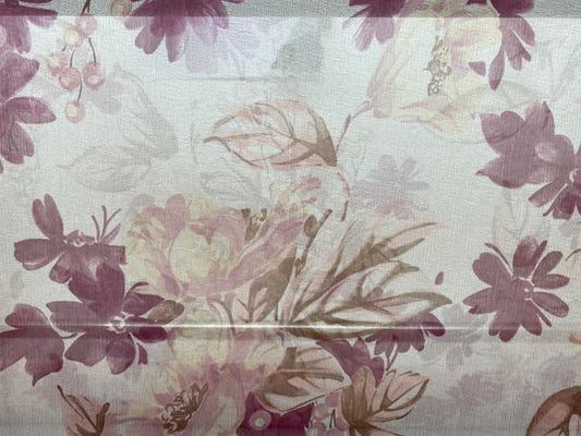 Soie voilage crêpe imprimé fleurs  rose brun rouge blanc