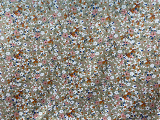 Viscose imprimé fleurs beige rose brun blanc