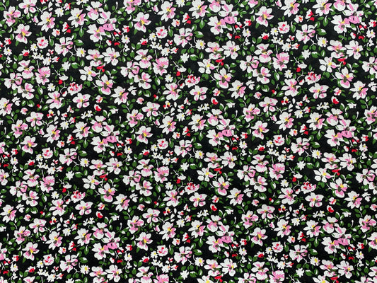 Viscose imprimé fleurs noir rose blanc