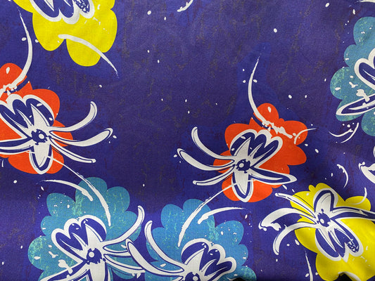 Viscose imprimé fleurs bleu violet jaune orange