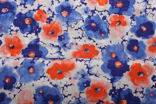 Polyester satin imprimé fleurs bleu rouge blanc