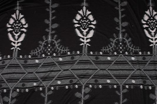 Polyester imprimé tissé fleurs noir blanc gris