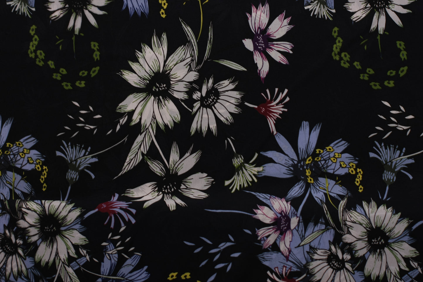 Polyester imprimé fleurs blanc noir bleu rose