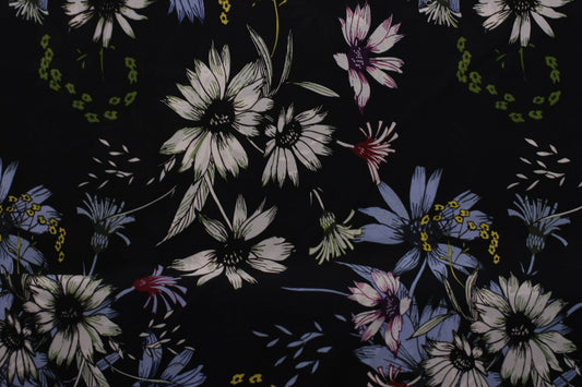 Polyester imprimé fleurs blanc noir bleu rose