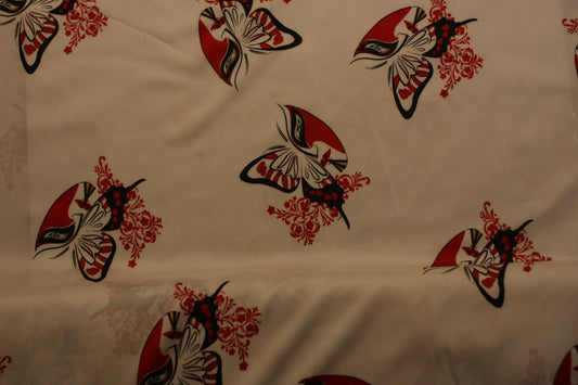 Polyester satin imprimé papillons blanc rouge (+clair)