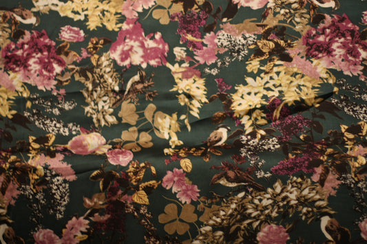 Polyester satin imprimé oiseaux fleurs vert