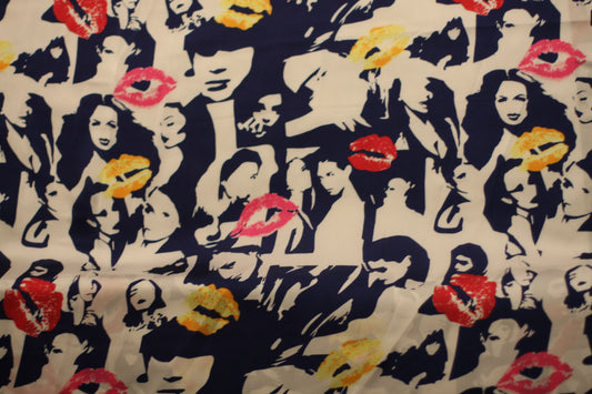 Polyester satin imprimé pop bleu blanc