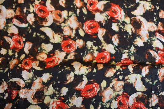 Polyester satin imprimé fleurs noir rouge blanc