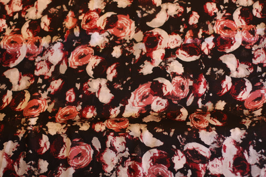 Polyester satin imprimé fleurs noir blanc rouge