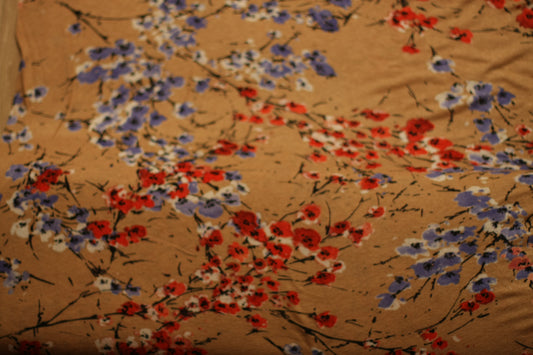 Polyester élasthanne imprimé japon fleurs brun bleu rouge