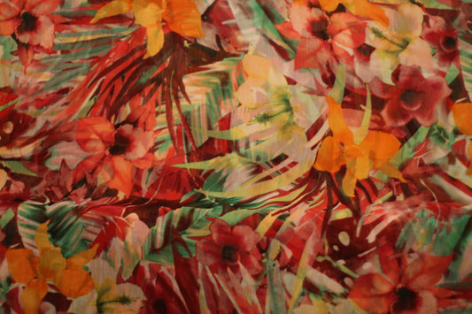 Polyester voilage crêpe imprimé fleurs rouge orange blanc
