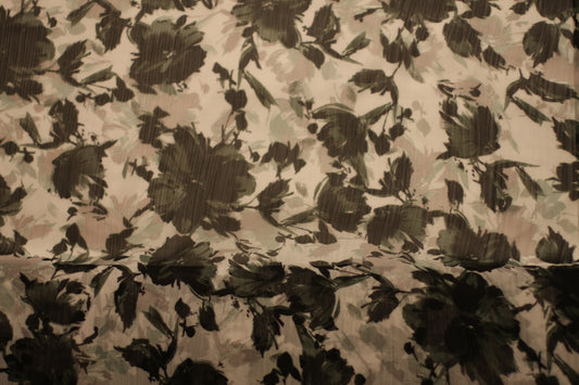 Polyester  voilage crêpe imprimé fleurs noir gris blanc