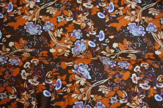 Viscose imprimé fleurs brun bleu orange
