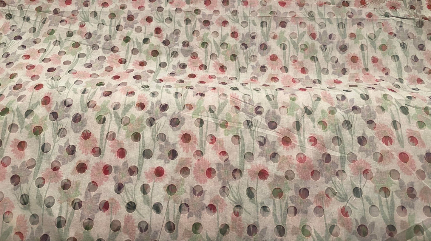 Polyester coton ajouré imprimé fleurs blanc rose