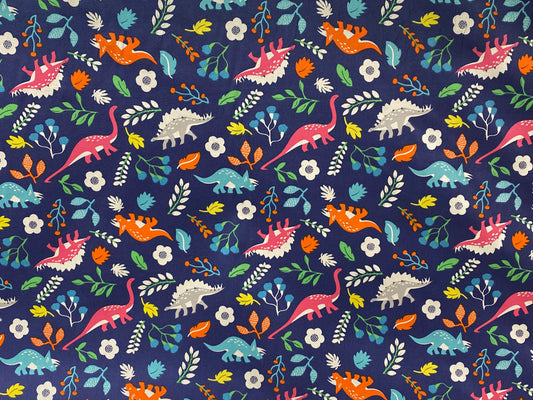 Coton imprimé dinosaures bleu orange rose blanc