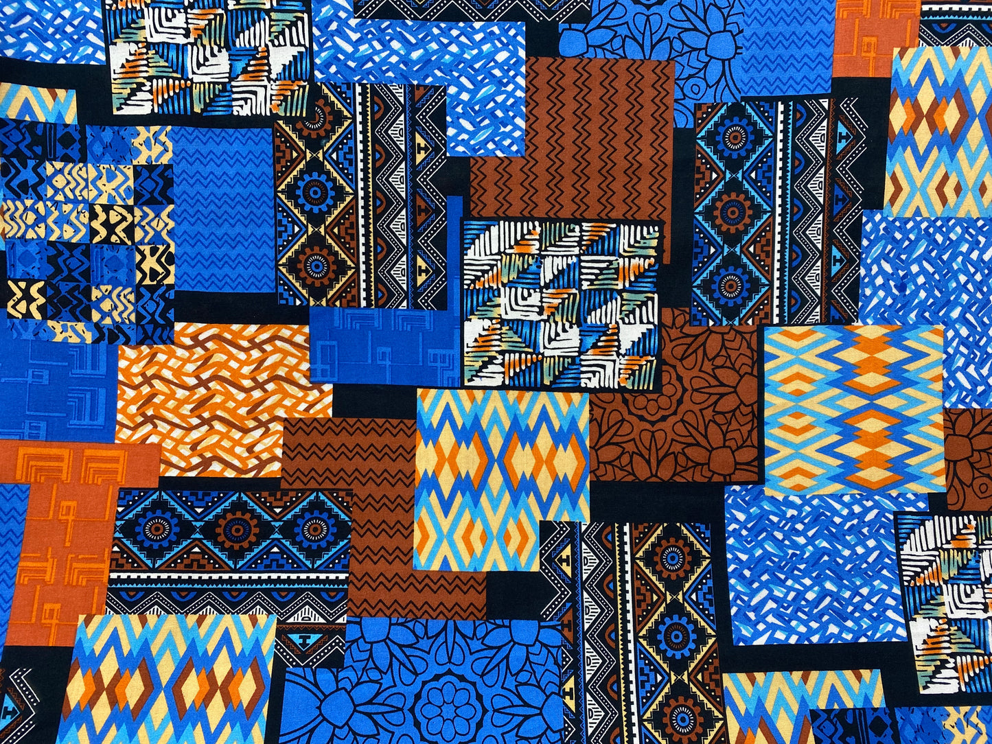 Viscose imprimé patchwork carreaux brun orange bleu