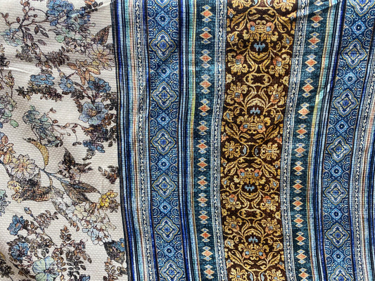 Viscose imprimé fleurs brun jaune blanc bleu